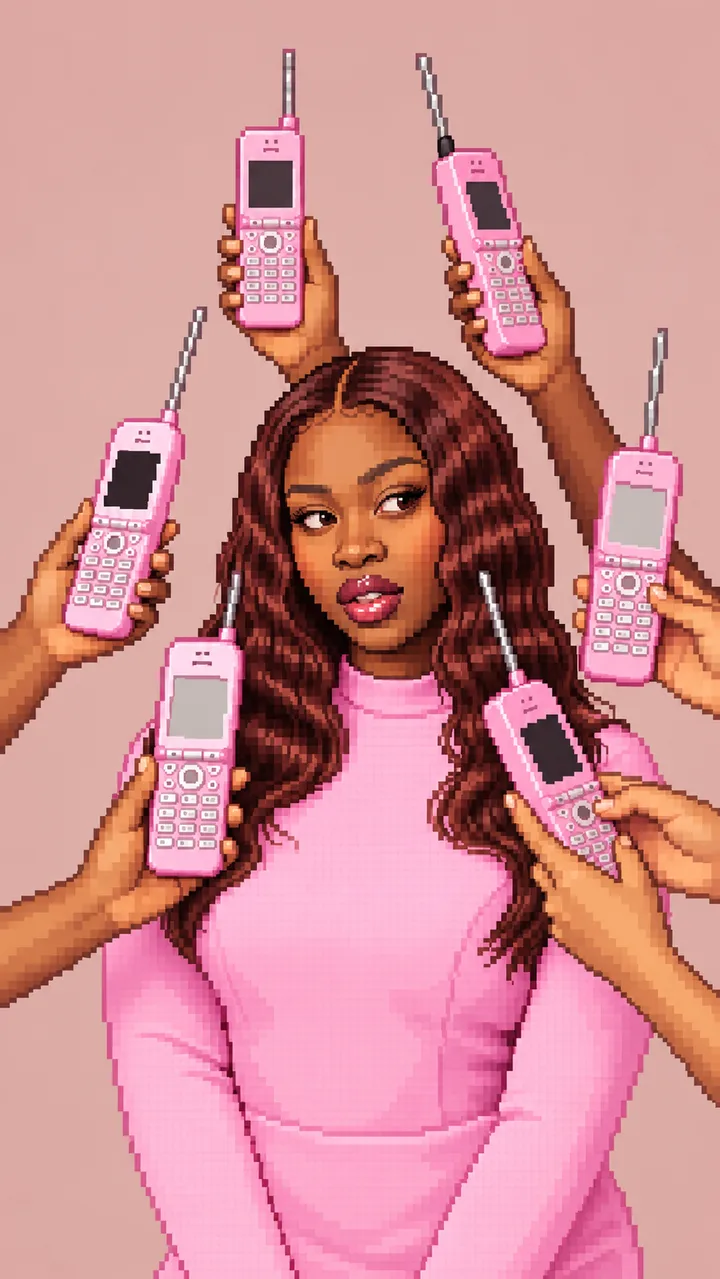 Pixel-art portrait of Mary in pink, surrounded by hands holding pink phones
